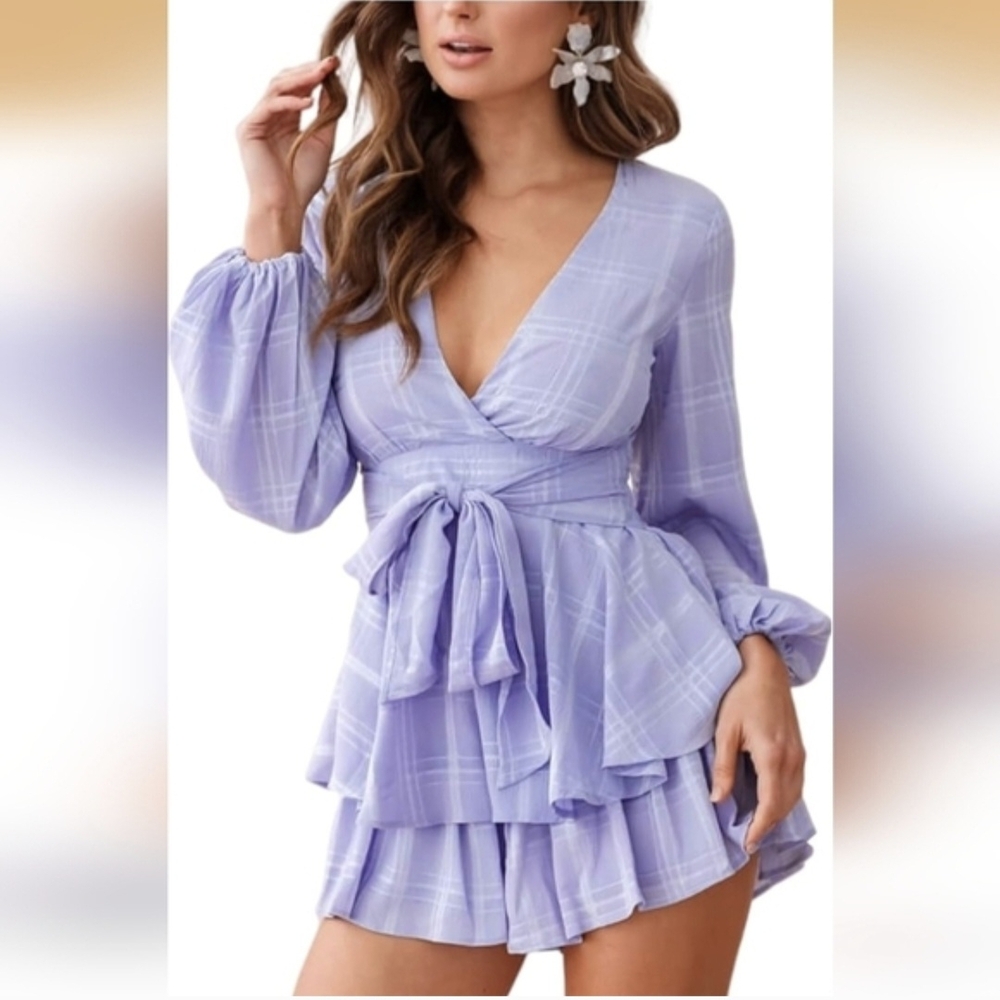 Lilac Plaid Wrap Dress with Tie Waist